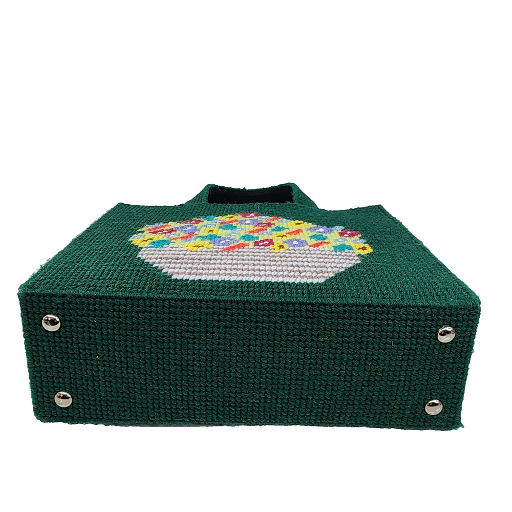 VTG Handmade Needlepoint Tote Bag Floral Canvas Plastic Purse Craft Knit 11x9 - Picture 7 of 15